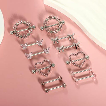 Suotarn 14G INNINipple Rings for Women 316L Stainless Steel Heart Cherry,Star Butterfly Nipple Barbell CZ Cute Nipple Rings Set Nipplerings Piercing Jewelry - color: pink