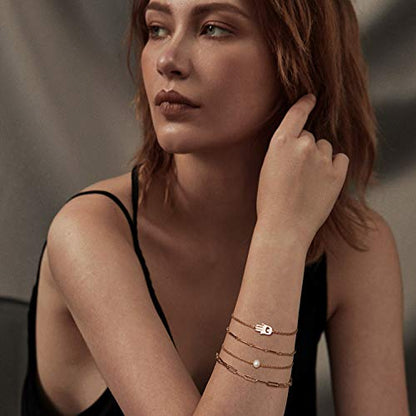 LOYATA Chain Bracelet Gold Link 14K Gold Plated Dainty Pearl Bracelet Simple Jewelry Gift for Women - style: Flat Bar