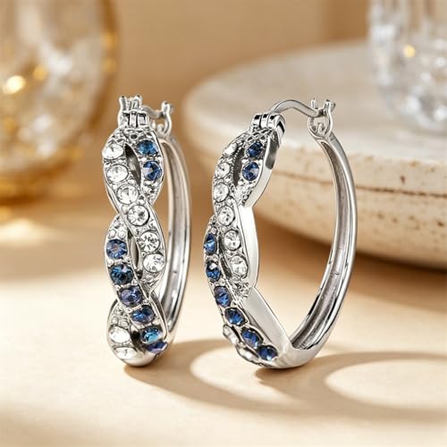 Twisted Two-Tone Zircon Huggie Hoop Silver Earrings | Sparkly Hoop Earrings for Women, Stylish Jewelry for Daily Bridal Evening Party Gifts