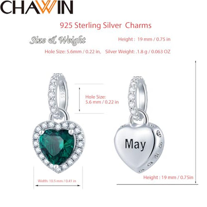 CHAWIN Birthstone Charms, 925 Sterling Silver Heart Dangle Charm, Sparkling CZ Compatible with Pandora Charm Bracelet, Necklace, Birthday Gifts for Women/Wife/Mother - style: 05# May
