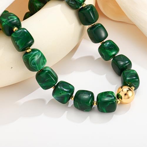 Chunky Beaded Necklace for Women Boho Statement Bead Necklace Adjustable Choker with Polished Disc/Square Beads Trendy Summer Beach Jewelry Gifts - color: Green