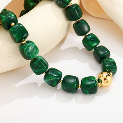 Chunky Beaded Necklace for Women Boho Statement Bead Necklace Adjustable Choker with Polished Disc/Square Beads Trendy Summer Beach Jewelry Gifts - color: Green