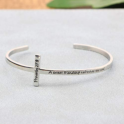 𝐂𝐫𝐨𝐬𝐬 𝐁𝐫𝐚𝐜𝐞𝐥𝐞𝐭 Religious Cuff Bangle 𝐁𝐢𝐛𝐥𝐞 𝐕𝐞𝐫𝐬𝐞 Christian Gifts Jewelry for 𝐖𝐨𝐦𝐞𝐧 - style: Silver cuff-A sweet friendship refreshes the soul -Proverbs 27:9