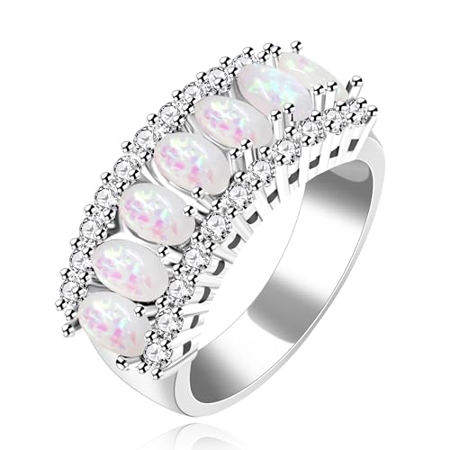 Uloveido Beautiful Women's 7 Stones Wedding Band Oval Cubic Zirconia Engagement Anniversary Rings J501 - color: Platinum-Opal