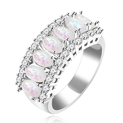 Uloveido Beautiful Women's 7 Stones Wedding Band Oval Cubic Zirconia Engagement Anniversary Rings J501 - color: Platinum-Opal