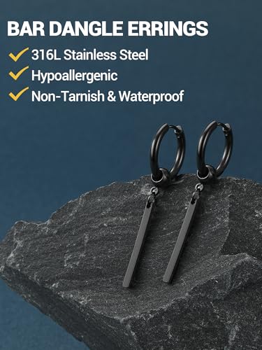 PROSTEEL Stainless Steel Huggie Hoop Earrings for Mens Gold/Black/Silver | Skull/Infinity Pattern, Spike/Cuban Links 4 Design Options Hypoallergenic Lightweight Earring Hip Hop Punk Gothic Jewelry - style: 08-Straight Dangle-Black