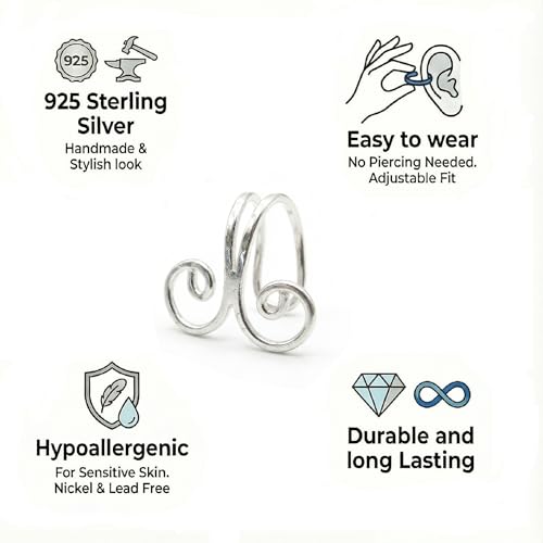925 Sterling Silver Ear Cuff, Handmade Single Band Adjustable Non Piercing Clip On Cartilage Earring, Minimalist Ear Wrap Faux Piercing Jewelry for Women - style: Swirl Band