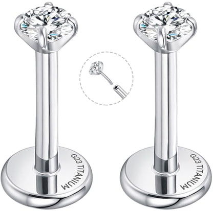 Threadless Flat Back Earrings for Tragus, Helix, Conch, Daith, Cartilage Piercings - G23 Titanium Flatback Stud Earrings with Grade AAAAA Cubic Zirconia - Threadless Flat Back Nose Stud Push Pin Ring Earring Studs (18g, 16g, 20g - 6mm, 8mm) - color: Silve
