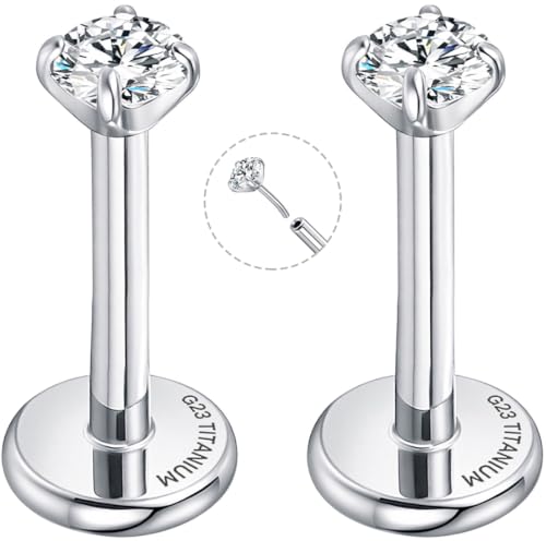 Threadless Flat Back Earrings for Tragus, Helix, Conch, Daith, Cartilage Piercings - G23 Titanium Flatback Stud Earrings with Grade AAAAA Cubic Zirconia - Threadless Flat Back Nose Stud Push Pin Ring Earring Studs (18g, 16g, 20g - 6mm, 8mm) - color: Silve