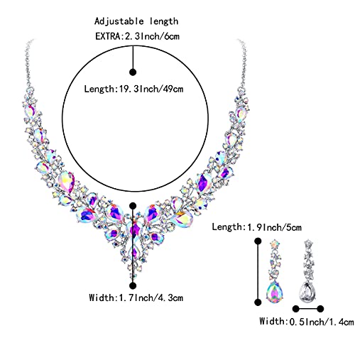 Women's Wedding Statement Necklace Dangle Earring Jewelry | Austrian Crystal Teardrop Cluster,Necklaces Earrings Set for Bride Bridesmaid,Prom Accessories - color: 16-Iridescent AB Silver-Tone