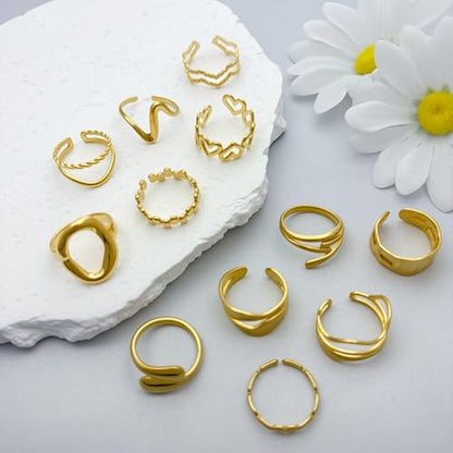 12PCS Gold Chunky Rings for Women Non Tarnish 18K Gold Plated Thick Round Adjustable Stackable Rings Open Stacking Knuckle Statement Ring Set Gifts