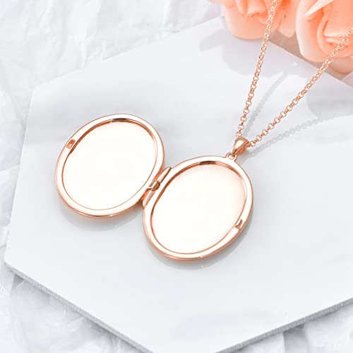 SOULMEET 10K 14K 18K Solid White Gold/Silver Minimalist Style/Infinity Sunflower Heart/Oval Locket Necklace That Holds 1 or 2 Pictures Personalized Photo Locket Necklace Letters Engraving - style: E3-Rose gold oval locket only