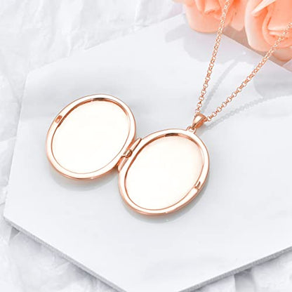 SOULMEET 10K 14K 18K Solid White Gold/Silver Minimalist Style/Infinity Sunflower Heart/Oval Locket Necklace That Holds 1 or 2 Pictures Personalized Photo Locket Necklace Letters Engraving - style: E3-Rose gold oval locket only