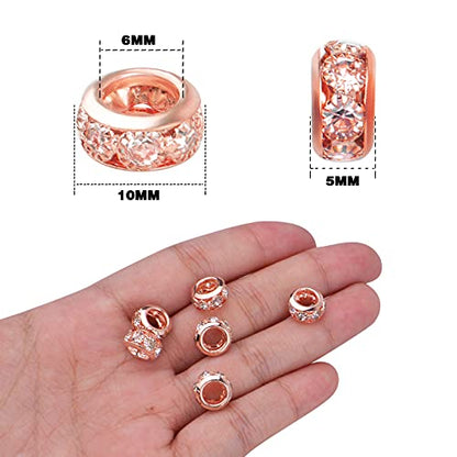 BronaGrand 40pcs Rose Gold European Large Hole Beads Rhinestone Rondelle Spacer Beads Crystal Loose Charm Beads for DIY Bracelet Necklace Crafts Jewelry Making Supplies, Hole: 6 mm - color: Rose Gold, size: 10MM