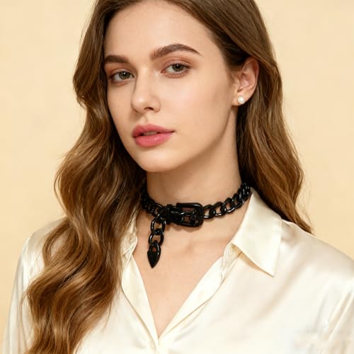 CJIAYUJEW Chunky Gold & Silver Cuban Chain Choker & Belt Necklaces for Women & Men - Punk Style Thick Link Belts - color: black