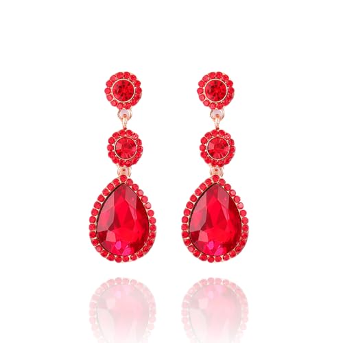 YINLI Elegant Wedding Bridal Crystal Tear Drop Dangle Earrings for Women - color: Red,Gold