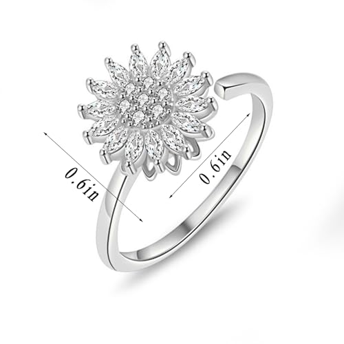 Sunflower Fidget Ring for Women Gold Anxiety Crystal Rings Cubic Zirconia Sunflower Open Adjustable Fidget Ring Spinner Sun Ring for Men Trendy Jewelry - color: Sunflower Silver