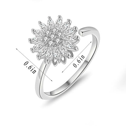 Sunflower Fidget Ring for Women Gold Anxiety Crystal Rings Cubic Zirconia Sunflower Open Adjustable Fidget Ring Spinner Sun Ring for Men Trendy Jewelry - color: Sunflower Silver