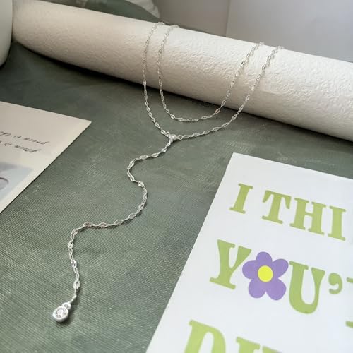 Luxval Lariat Gold Necklace for Women, Dainty Long Necklace 14k Gold Plated/Silver Y-Shaped Pendant Necklaces Trendy Beaded Chain Drop Necklaces Jewelry for Women Gifts - color: Silver-wave cz