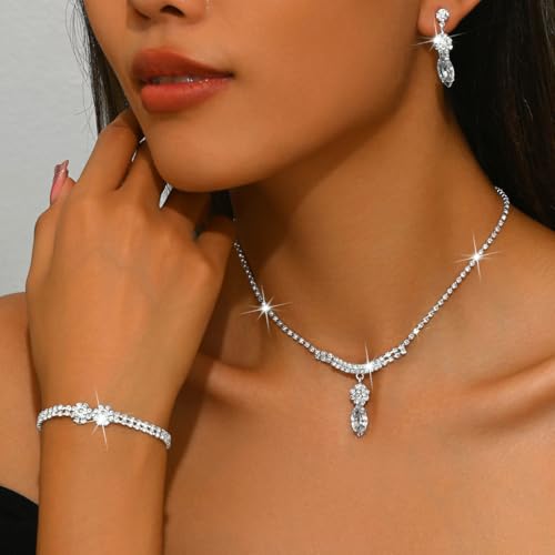 MIFYNN Rhinestone Wedding Set for Women Sparkle Crystal Earrings Necklace Bracelet Jewelry Set Wedding Party Prom Jewelry Set for Brides Bridesmaid - color: Silver5