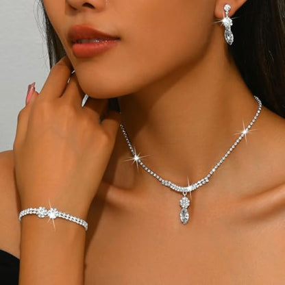 MIFYNN Rhinestone Wedding Set for Women Sparkle Crystal Earrings Necklace Bracelet Jewelry Set Wedding Party Prom Jewelry Set for Brides Bridesmaid - color: Silver5