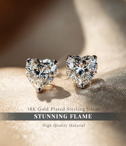 "STUNNING FLAME" Trillion-cut/Cushion-cut/Emerald-cut/Marquise-cut ... 18K White Gold Plated Sterling Silver Cubic Zirconia Simulated Diamond Stud Earrings for Women - color: Heart-Cut, size: X-small-white gold plated silver