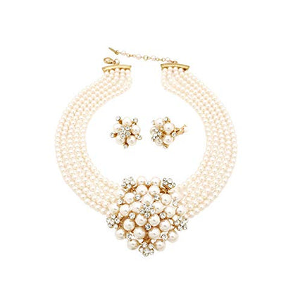 Fashion 21 5 Rows Rhinestone Accented Simulated Floral Pearl Cluster Necklace, Clip on Earring 2 Set - color: Cream