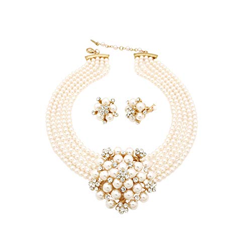Fashion 21 5 Rows Rhinestone Accented Simulated Floral Pearl Cluster Necklace, Clip on Earring 2 Set - color: Cream