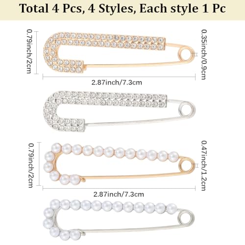 CREATCABIN 4pcs Women Brooch Pin Faux Crystal Pearl Brooches Sweater Shawl Clip Decorative Safety Pins Cardigan Collar Dress Shirt Clip Rhinestone Decoration for Clothing Hat Gold Silver 2.87×0.79in