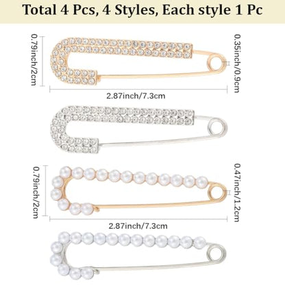 CREATCABIN 4pcs Women Brooch Pin Faux Crystal Pearl Brooches Sweater Shawl Clip Decorative Safety Pins Cardigan Collar Dress Shirt Clip Rhinestone Decoration for Clothing Hat Gold Silver 2.87×0.79in