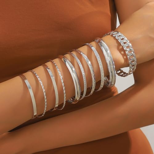 Gold Bangle Bracelets for Women, 14k Gold Plated Multi Layer Textured Stackable Open Bracelet Set Boho Indian Bangles Stackable Set Trendy Elegance Charms Non Tarnish Minimalist Bangle Pack - style: Silver 10Pcs