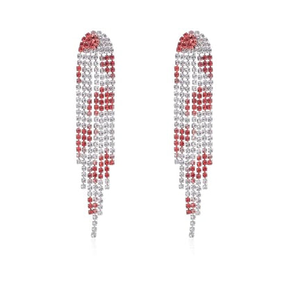 Rhinestone Tassel Earrings Sparkly Long Fringe Crystal Chandelier Dangle Drop Earrings Wedding Party Prom Earrings Premium Iridescent Earrings Wedding Party Jewelry Gifts for Women - color: Silver+Red1