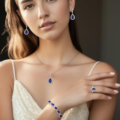 Crysdue Wedding Bridal Teardrop CZ Pendant Necklace Open Ring Dangle Earrings Adjustable Slider Bracelet Jewelry Set, Birthday Mothers Day Christmas Jewellery Gift for Women/Mom/Wife - style: 01-Teardrop Blue Silver-Tone
