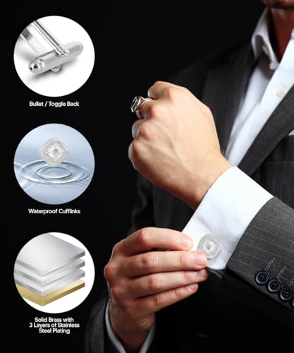 Square Colored Crystal Double Diamond Set Cufflinks - color: Clear/Silver