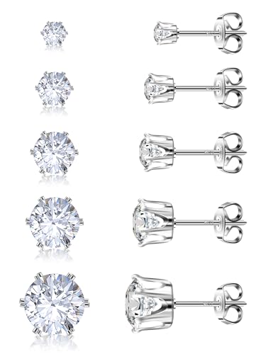 925 Sterling Silver Stud Earrings Set of 5 Pairs Hypoallergenic 18K Gold Cubic Zirconia Earrings for Women Men Sparkling Fancy Gift - color: Premium version - Platinum - 5 pairs