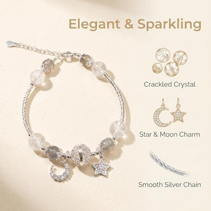 Star and Moon Bracelet for Women, White Crystal Bracelet with Celestial Charm, Spiritual Energy Beaded Bracelet for Meditation Yoga Travel Daily Wear, Inspirational Birthday Gift for Her Friend Sister