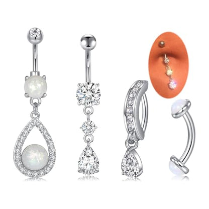 Silver Gold Belly Button Ring for Women Clicker Hoop Belly Rings Opal Navel Piercing Jewelry Dangle Hypoallergenic Surgical Steel Dainty Dangling Navel Rings for Women - color: A2 -4pcs new -silver