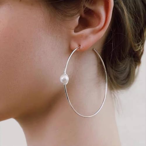 OwMell Large Hoop Earrings for Women 925 Sterling Silver Post 14K Gold Plated Big Hoops Earrings Trendy Pearl Cubic Zirconia Hoop Earrings - color: Pearl Silver