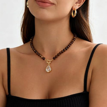 Beaded Gemstone Necklaces for Women Boho Beaded Choker Necklace | CZ Diamond Water Drop Pendant Necklace Natural Stone Jewelry Gifts - color: Brown