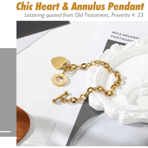 Emibele Heart Charm Bracelet for Women, Bible Verse Bracelet Stainless Steel 18K Gold Plated Bracelet Love Pendant Link Chain OT Clasp, Birthday Christmas Jewelry Gift for Mother Her - color: 14K Gold Plated
