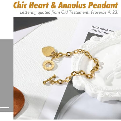 Emibele Heart Charm Bracelet for Women, Bible Verse Bracelet Stainless Steel 18K Gold Plated Bracelet Love Pendant Link Chain OT Clasp, Birthday Christmas Jewelry Gift for Mother Her - color: 14K Gold Plated