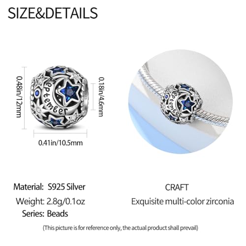 Star Moon 925 Sterling Silver Birthstone Charm for Bracelet Women Jewelry - color: September