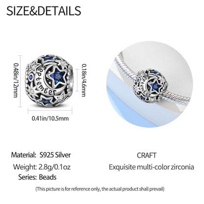 Star Moon 925 Sterling Silver Birthstone Charm for Bracelet Women Jewelry - color: September