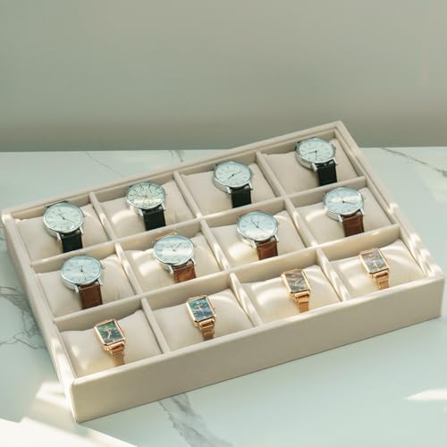 Jewelry Watch Tray, Beige Velvet Watch Jewelry Organizer 12 Grid, Stackable Watch Bracelet Bangle Display Holder, Adjustable Pillows, for Man Woman Show Birthday - color: Beige