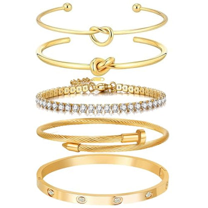 18 K Gold Plated Love Bangle Bracelet Stack Cuff Jewelry for Women Jewelry Set for Women Gift with Box - style: style6
