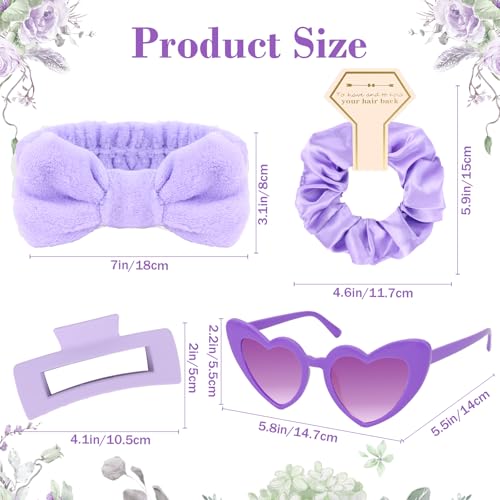 Semato 4 Pcs purple Bridesmaid Proposal Gifts Bridesmaid Spa Headband, Hair Claw Clips, Heart Shaped Sunglasses and Smooth Satin Scrunchies - color: Purple