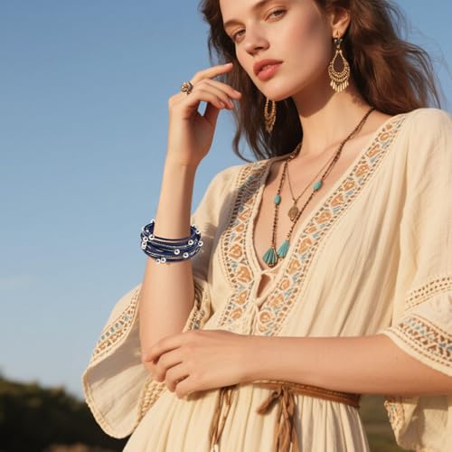 VIBILIA Boho Leather Wrap Bracelets for Women Multi-Layer Bracelets | With Strong Clasp Jewelry for Women - color: 07-Beads-Blue
