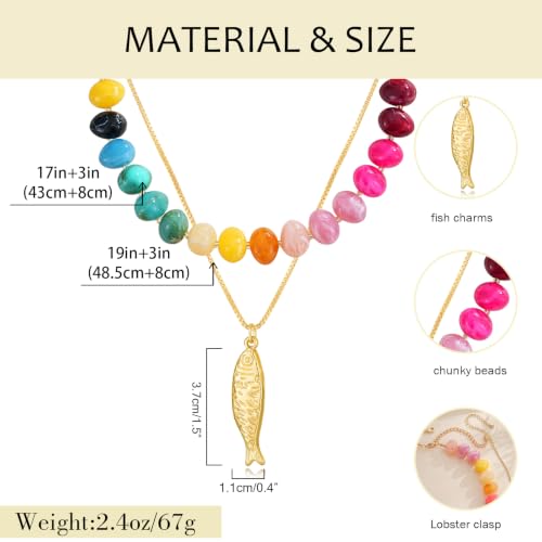 YUJIE Chunky Heart Pendant Necklace for Women- Exaggerated Statement Puff Heart Necklace with Acrylic Beaded Chain - color: B-Multi colour-fish