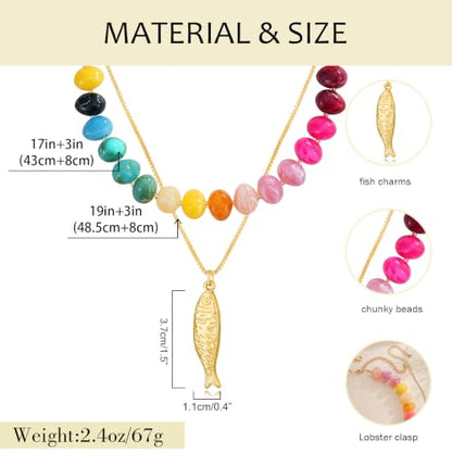 YUJIE Chunky Heart Pendant Necklace for Women- Exaggerated Statement Puff Heart Necklace with Acrylic Beaded Chain - color: B-Multi colour-fish
