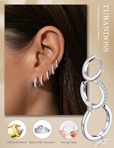 Turandoss 5 Pairs Gold Huggie Hoop Earrings for Women | Dainty Small Hoop Earring Stacks, Cartilage, Multiple Piercing, 14K Gold Plated, Hypoallergenic - color: Silver Hoop